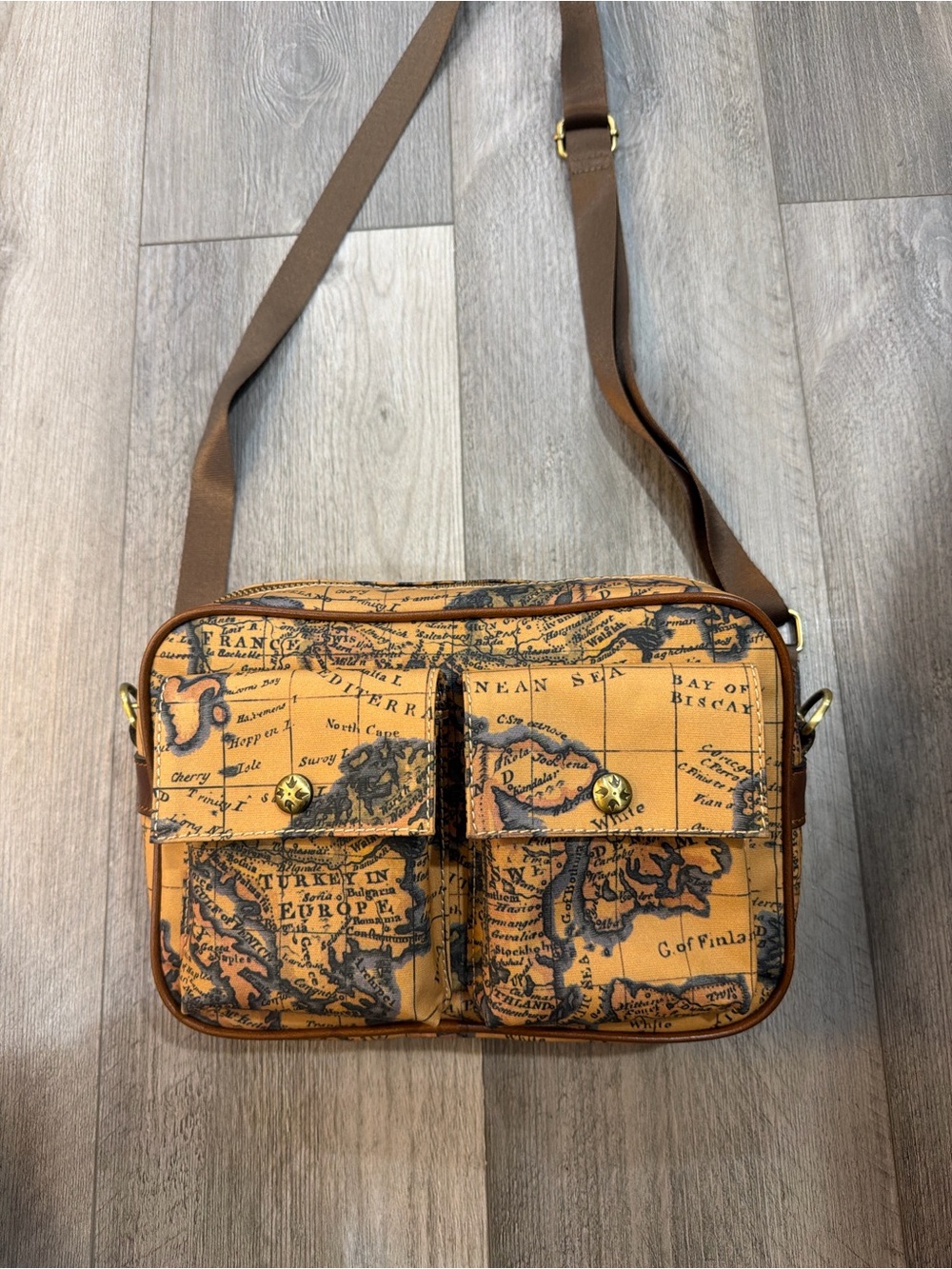 Patricia Nash Tan Map-Print Crossbody with Dual Front Pockets